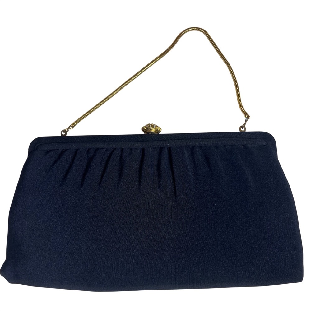 Vintage HL USA Black Evening Clutch Gold Floral Clasp Satin Lining USA Made